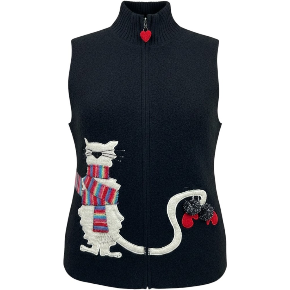Coldwater Creek Cat Applique Boiled Wool Vest Womens‎ Black Whimsigoth Zip Up